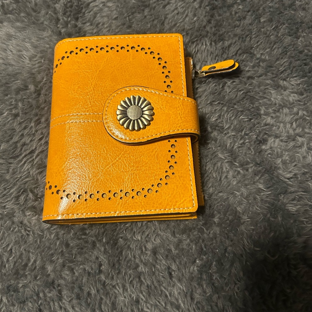 Yellow Leather Wallet with Floral Button